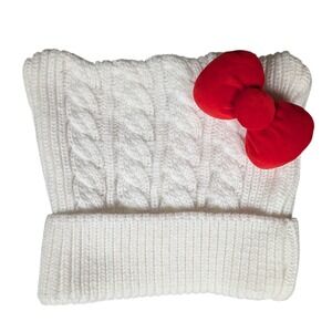 White Cable Knit Cat Ear Beanie with Red Velvet Bow Hello Kitty Inspired Hat
